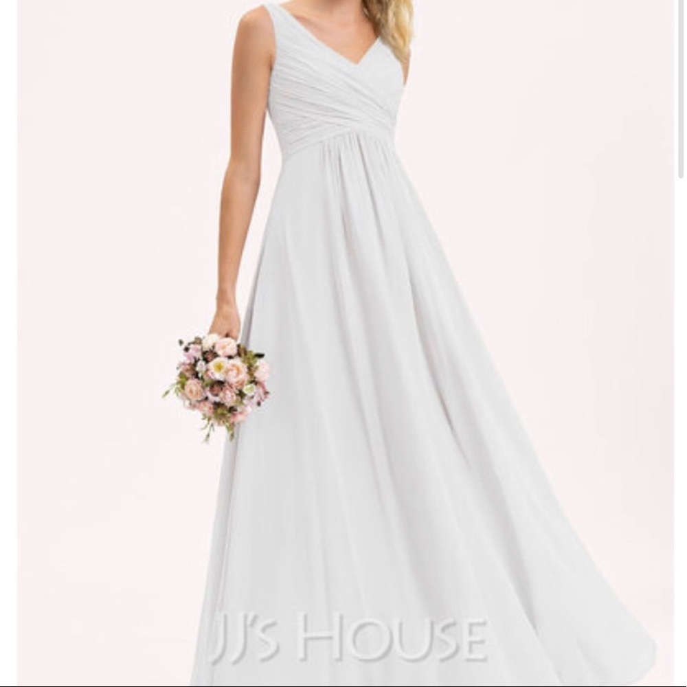 A-line V-neck Floor-length chiffon white dress with ruffle